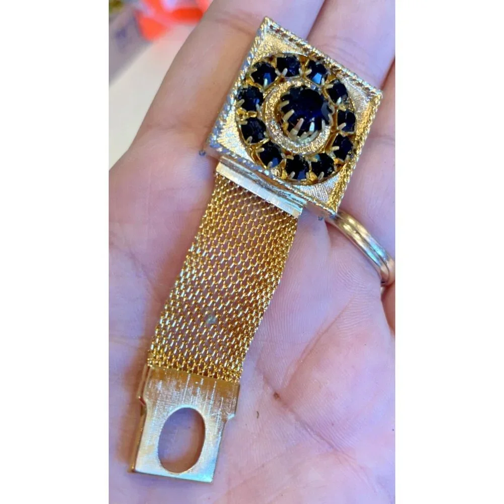 Vintage Men's Gold Black Crystal Cufflinks Tie Pin Box